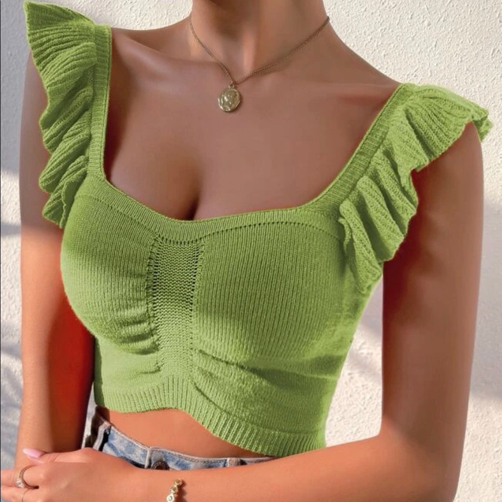 Boho Knit Ruffle Sleeve Crop Top - Picture 1 of 16